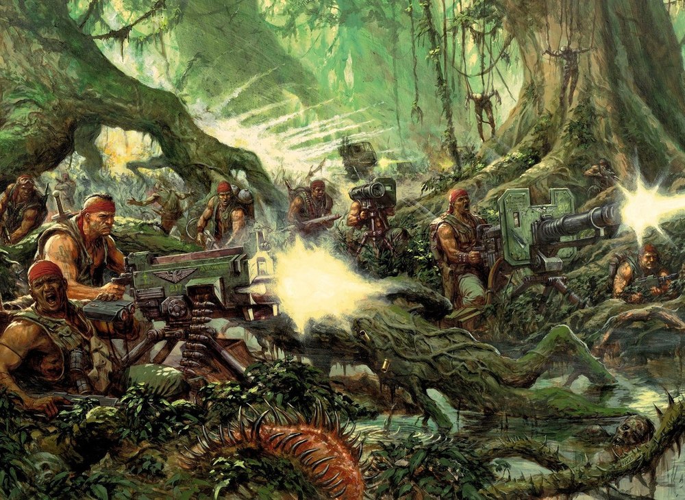 1000x730, 269 Kb / бой, джунгли, повязка, пулемёт, огонь, Karl Kopinski, катачанцы, вархаммер, warhammer, wh40k