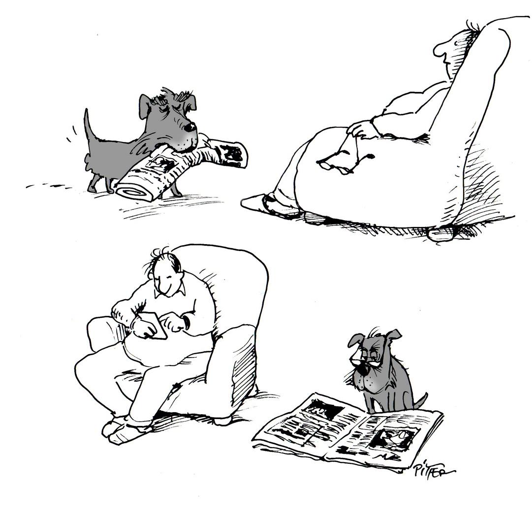 1081x1034, 95 Kb / Klaus Pitter, кресло, газета, очки, собака, телефон