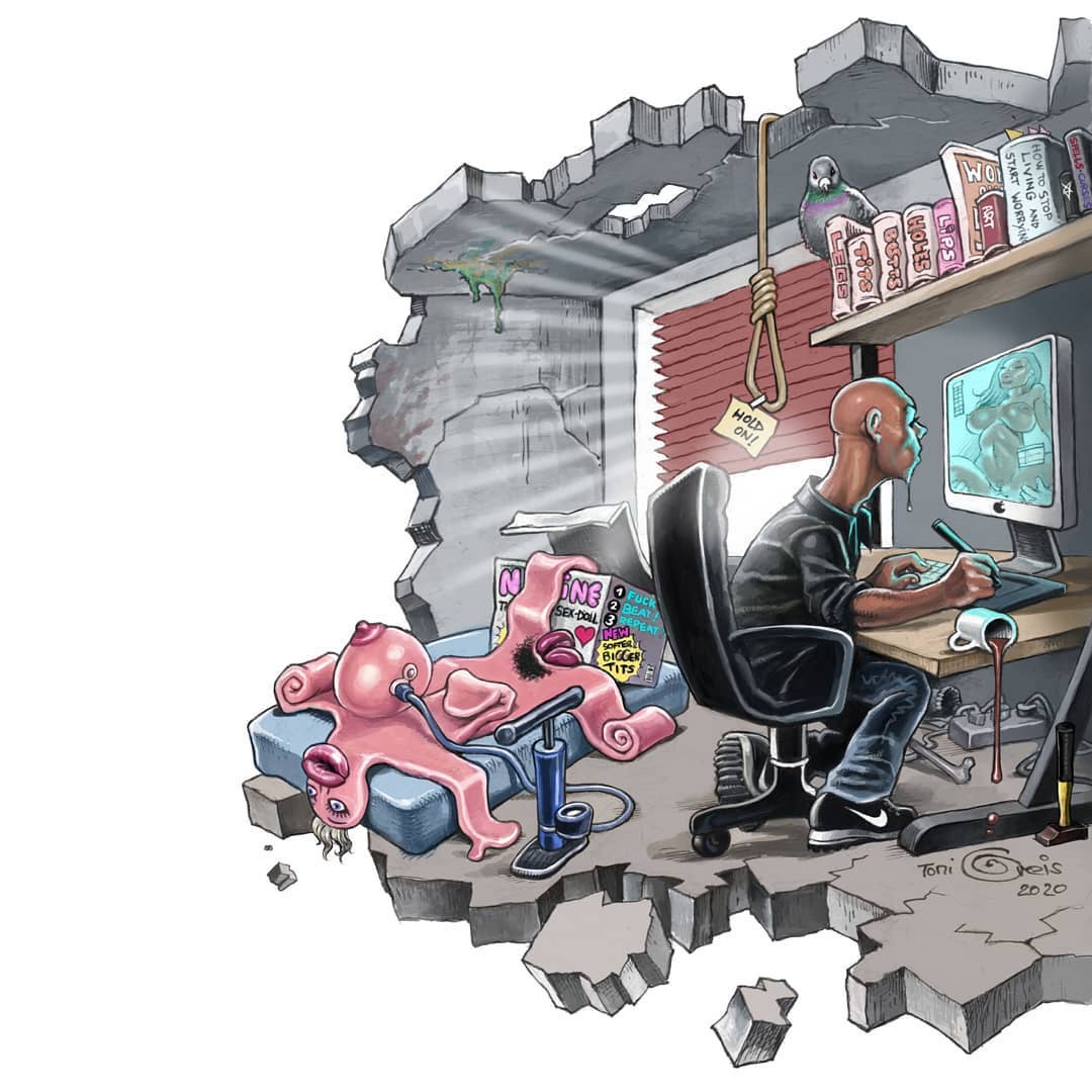 1080x1080, 106 Kb / Toni Greis, художник, кукла, компьютер, кресло, голубь, петля, жалюзи, окно, руины, чашка, кофе