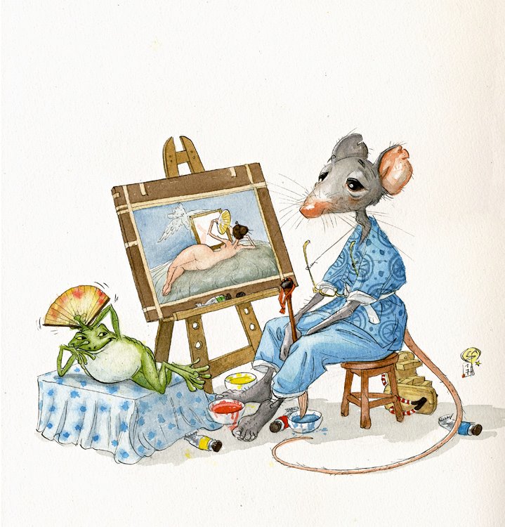 719x750, 109 Kb / картина, гейша, лягушка, художник, крыса, мышь, Fred Saurel, веер, стул, табуретка, ню