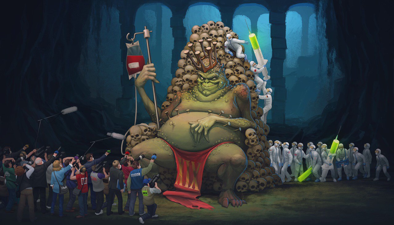 1280x732, 161 Kb / коронавирус, трон, журналисты, врачи, ученые, шприц, череп, рисунок