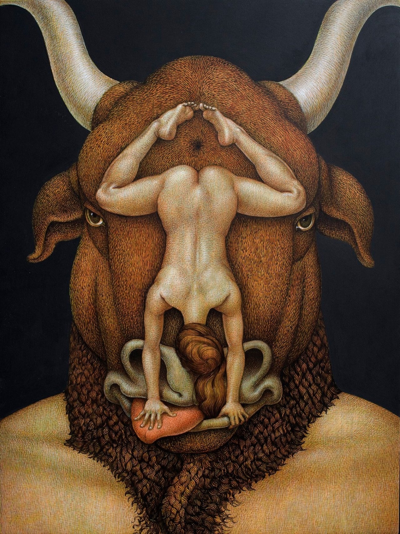 1280x1710, 526 Kb / бык, девка, голова, язык, рисунок