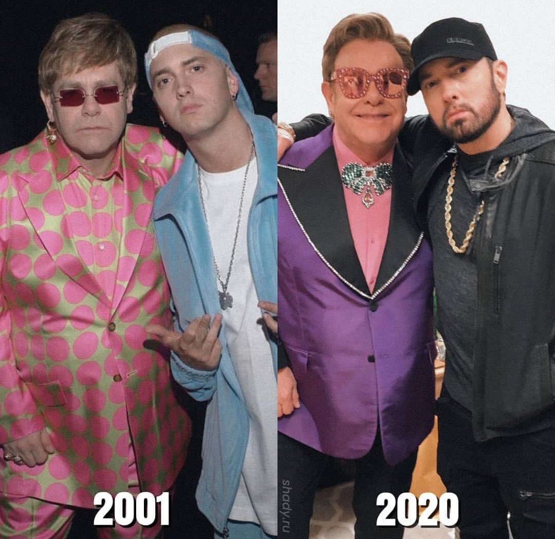 1080x1049, 149 Kb / Eminem, Elton John, обнимашки, тогда, сейчас