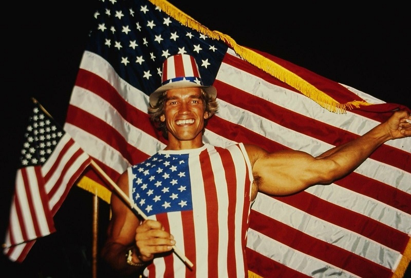 800x542, 139 Kb / Арнольд Шварценеггер, флаг, США, шляпа
