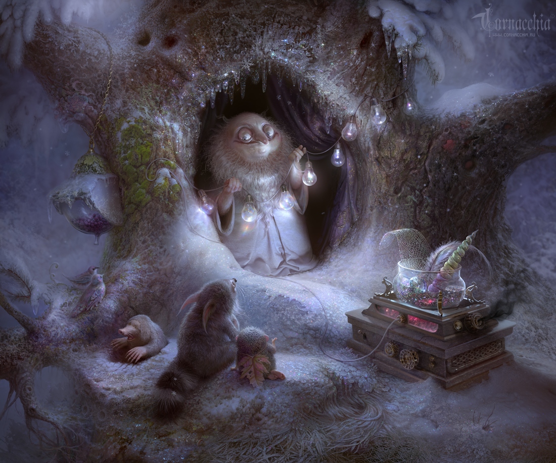 1100x916, 549 Kb / cornacchia, дупло, леший, гирлянда, лампочки