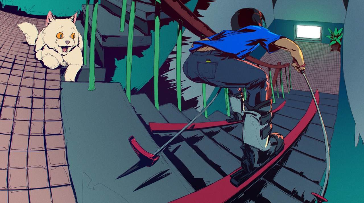 1280x715, 243 Kb / лестница, ступеньки, лыжи, котэ, рисунок