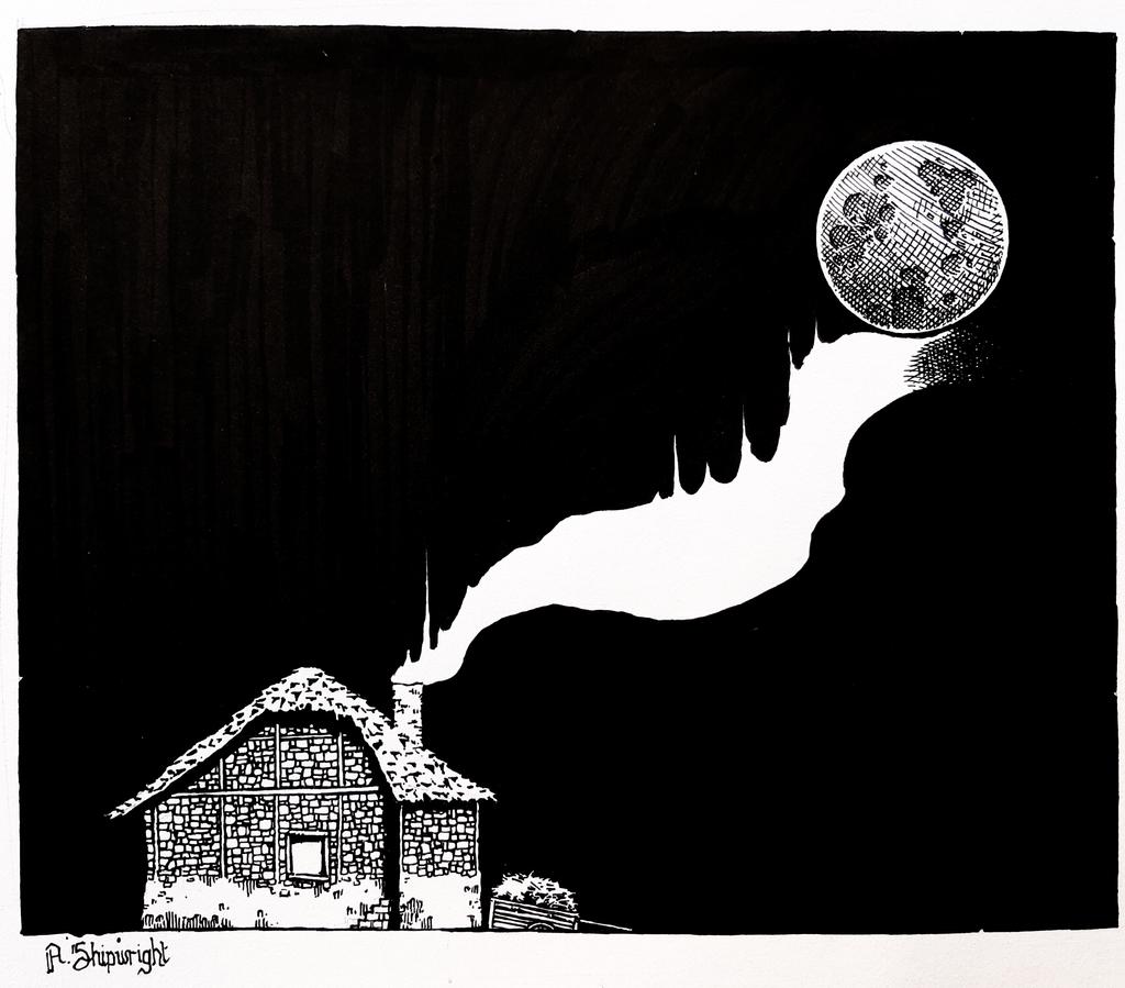 1024x899, 75 Kb / ashpwright, дым, Луна, дом, мост