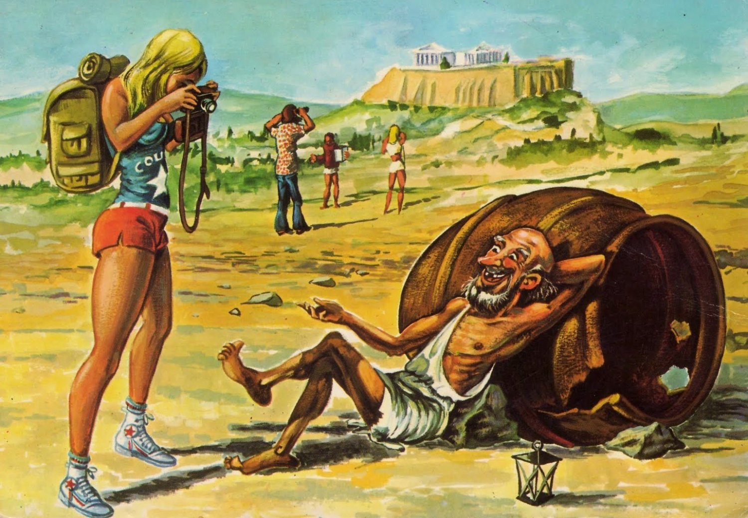 1500x1038, 617 Kb / диоген, пифос, турист, плата, парфенон, акрополь, рюкзак