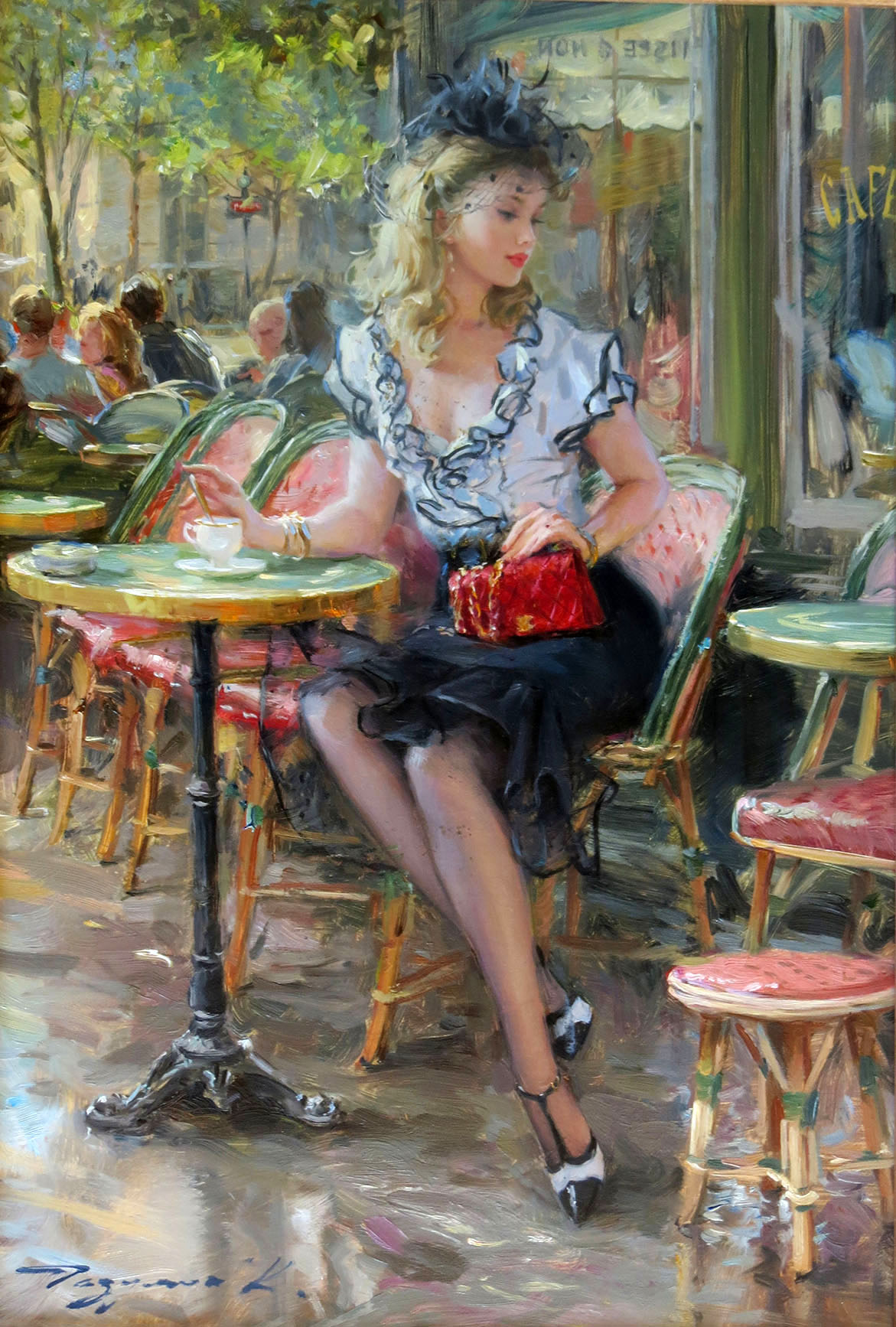 1171x1734, 388 Kb / кафе, столик, стулья, женщина, сумочка, чайная пара, люди, дерево, картина, Константин Разумов
