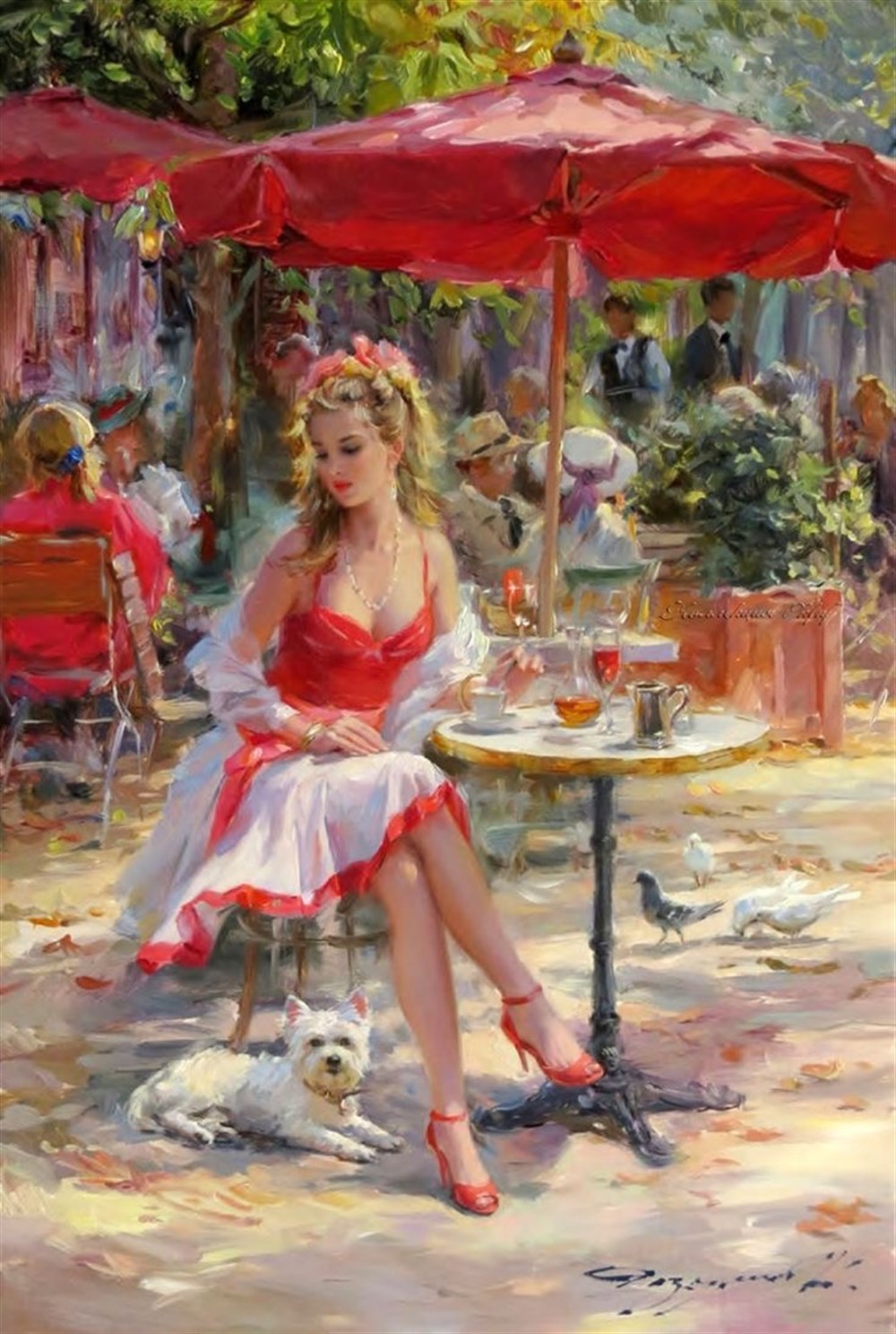 1000x1487, 298 Kb / женщина, картина, столик, стулья, кафе, люди, зонт, собачка, бусы, бокал, платье, чайная пара, голуби, Константин Разумов