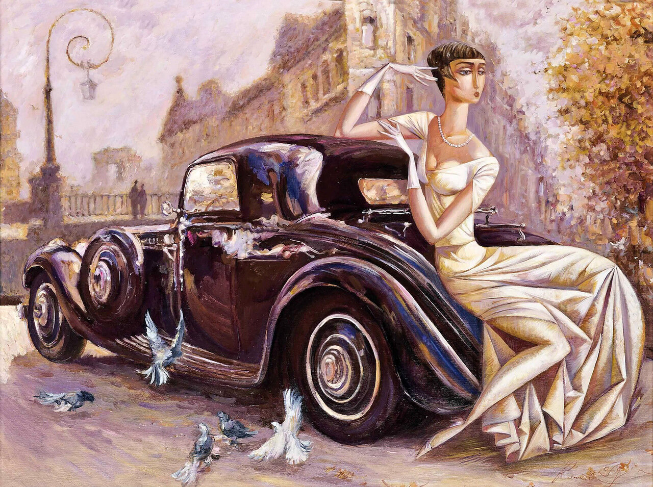 1280x955, 455 Kb / женщина, бусы, ретромобиль, голуби, фонарь, парочка, здание, картина