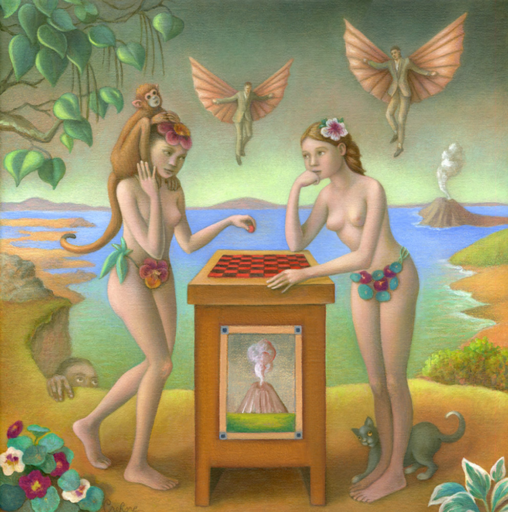 992x1000, 283 Kb / женщины, кошка, обезьяна, шашки, феи, картина, гора, вулкан, ветки, цветы