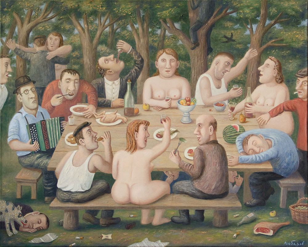 1000x804, 163 Kb / женщины, мужчины, застолье, посиделки, стол, гости, выпивка, закуска, картина, рисунок, Любаров