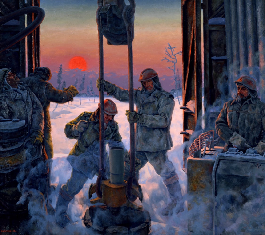 1126x1000, 203 Kb / СССР, картина, рисунок, красный, солнце, Сибирь, буровая, нефть