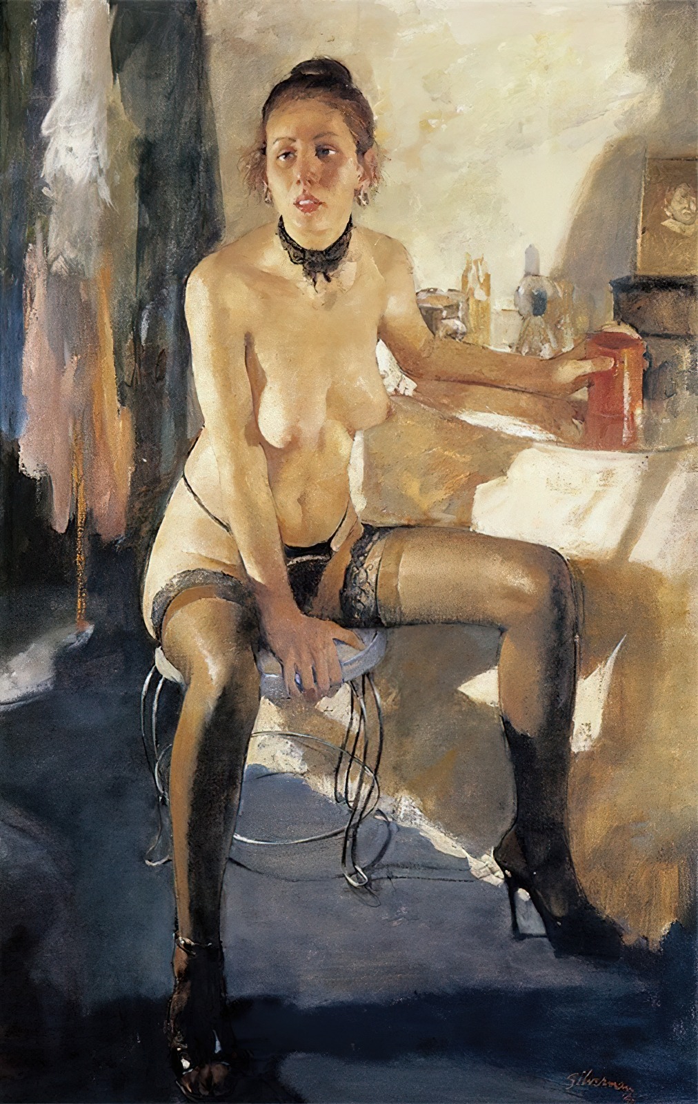 1012x1600, 531 Kb / девка, чулки, стакан, тупой взгляд, рисунок