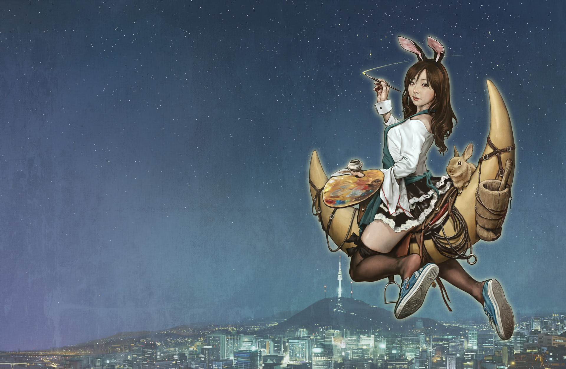 1920x1252, 499 Kb / город, луна, ведьма, художник, вулкан, гора, небо, звёзды