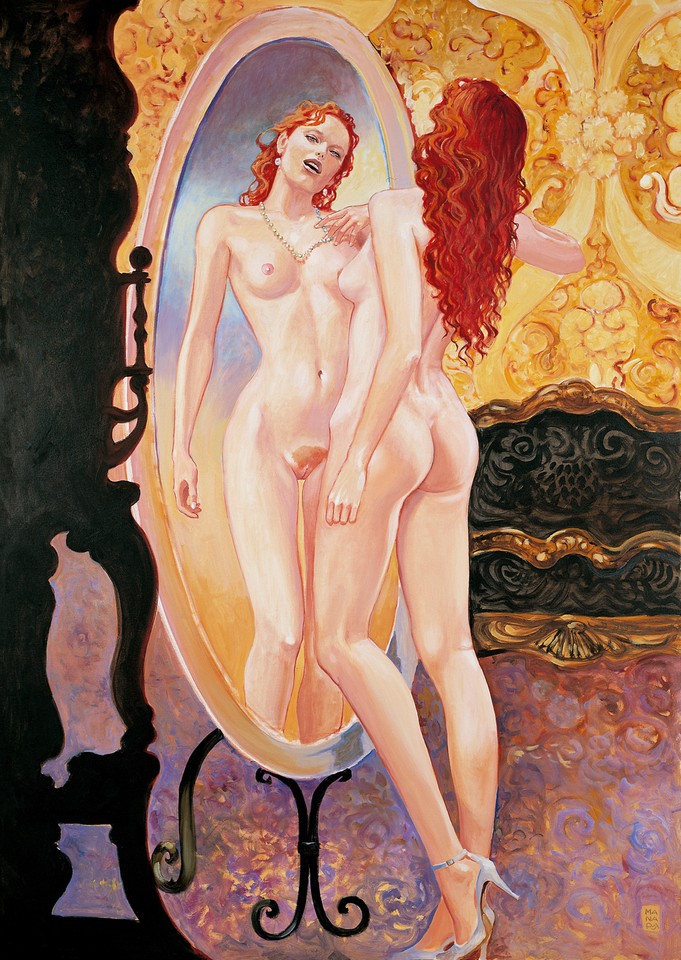681x960, 210 Kb / рисунок, зеркало, девушка, Milo Manara