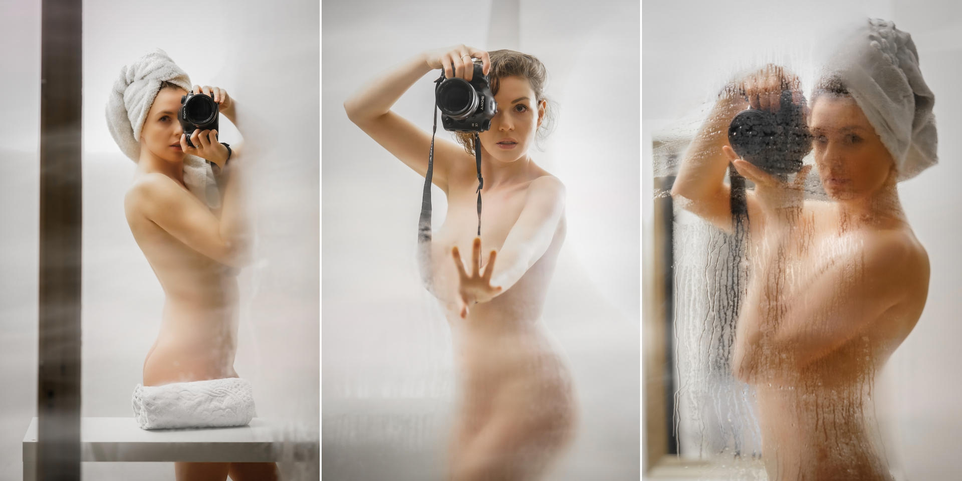 1920x960, 140 Kb / сиськи, фотоаппарат, душ, полотенце, триптих