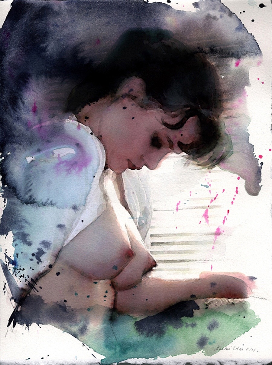 900x1205, 319 Kb / девка, сиськи, акварель, рисунок