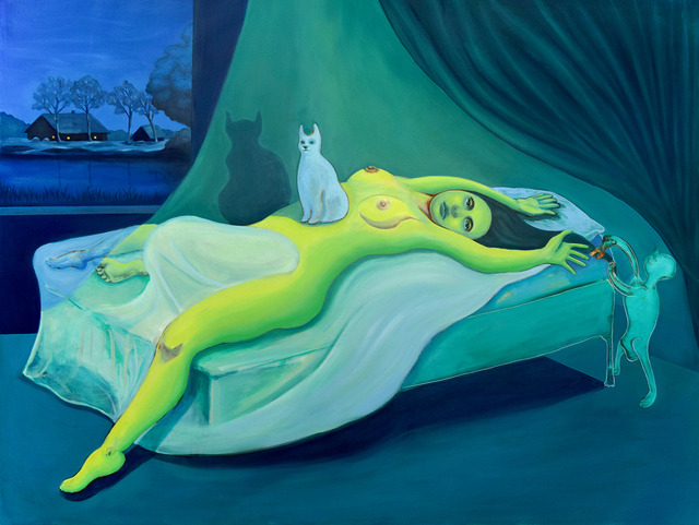 640x481, 96 Kb / девка, зелёная, кошка, рисунок