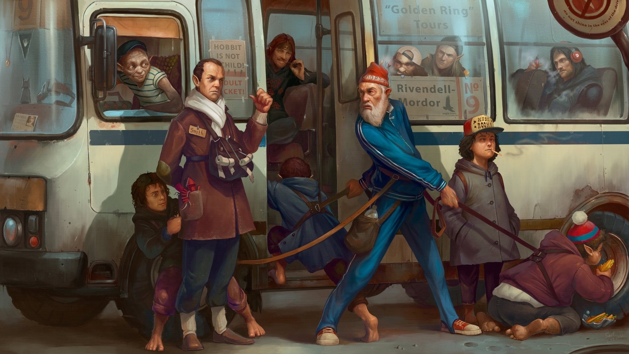 2048x1152, 379 Kb / автобус, дед, поводок, дети, LoR