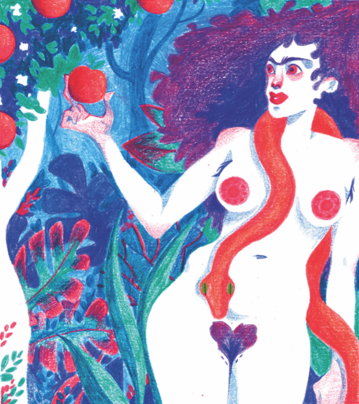 741x833, 299 Kb / ева, яблоко, змей, сердечко, монобровь, рисунок