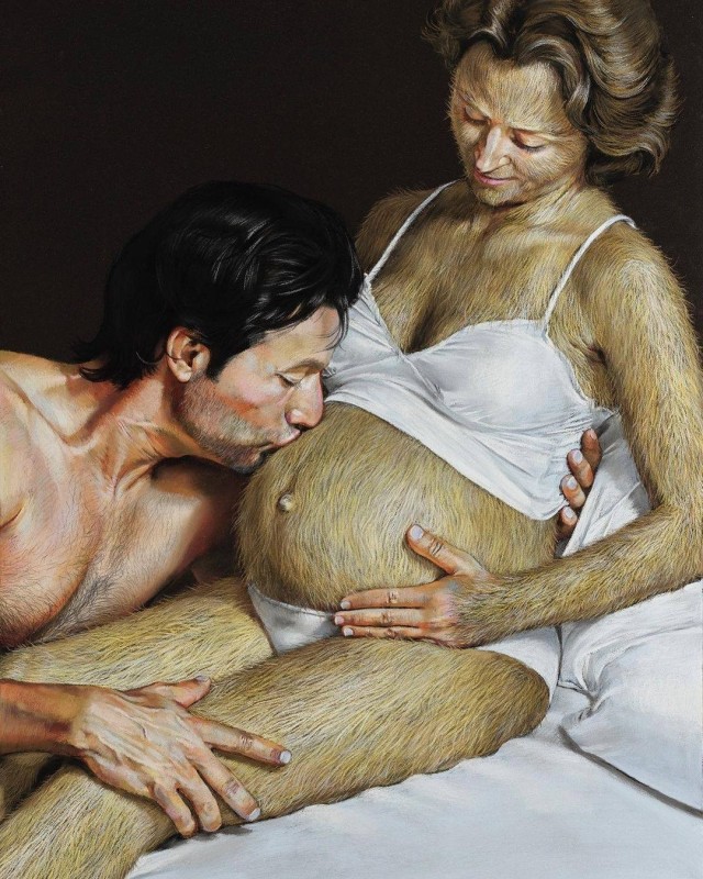 640x800, 160 Kb / беременная, мех, мужик, поцелуй, рисунок