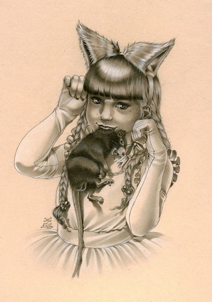 676x960, 137 Kb / девочка, кошка, крыса, рисунок, Play Cat and Mouse, Zoe Lacchei