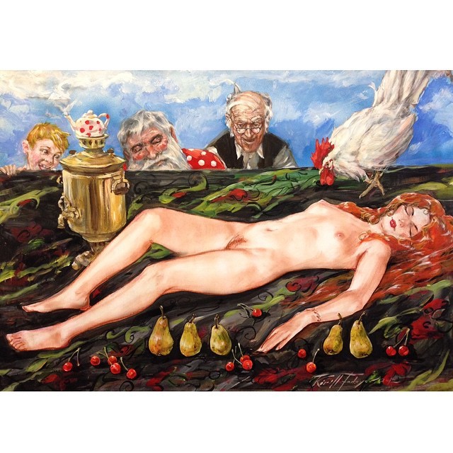 640x640, 114 Kb / девка, рыжая, скатерть, самовар, чаепитие, петух, рисунок