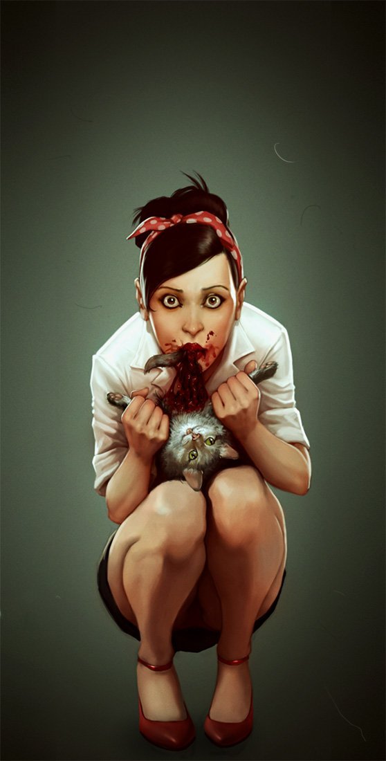 558x1100, 64 Kb / девка, ест, кошку, взгляд, рисунок