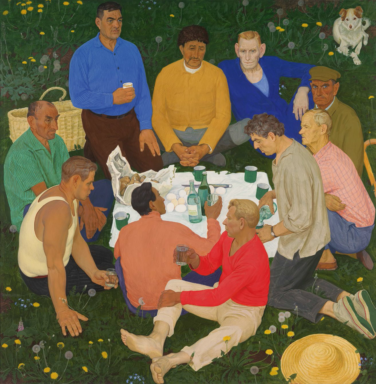 1312x1338, 483 Kb / картина, мужики, поляна, водка, стакан