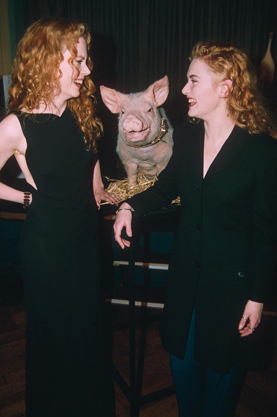 1066x1601, 149 Kb / Николь Кидман, Кейт Уинслет, поросенок, ошейник, пиджак, рыжая, улыбка, смех, две, солома, браслет