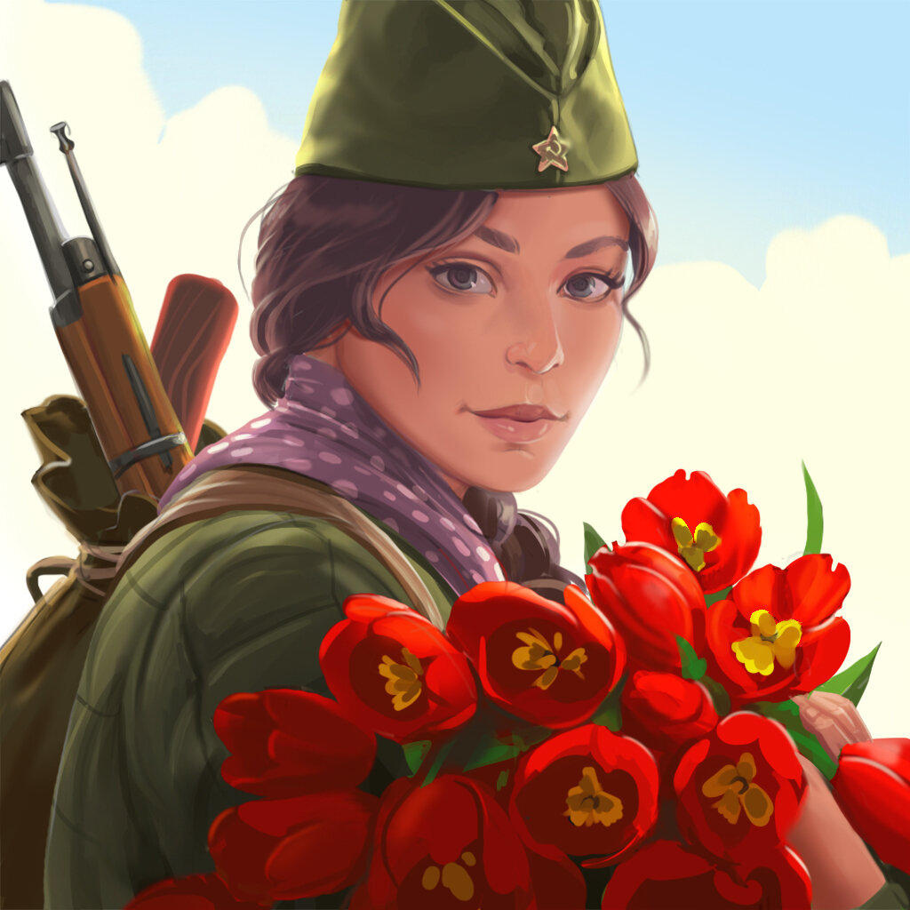 1024x1024, 151 Kb / девушка, тюльпаны, винтовка, пилотка, звезда