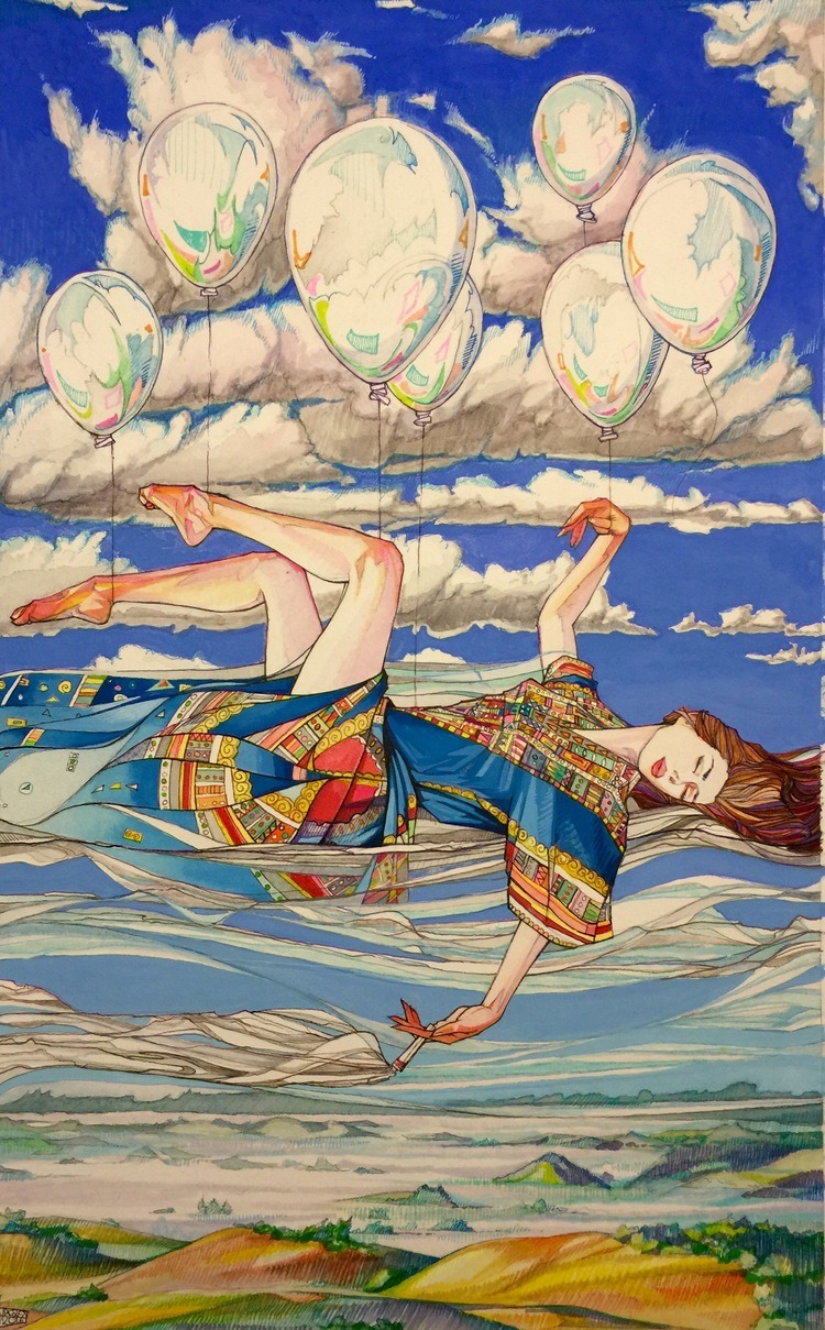 750x1209, 342 Kb / девка, шарики, рисунок