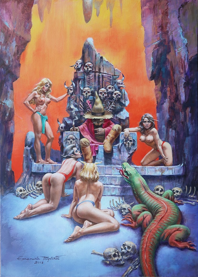 831x1163, 273 Kb / трон, кот, ящерица, варан, черепа, скелеты, кости, шапка, топлесс, девушки, рисунок