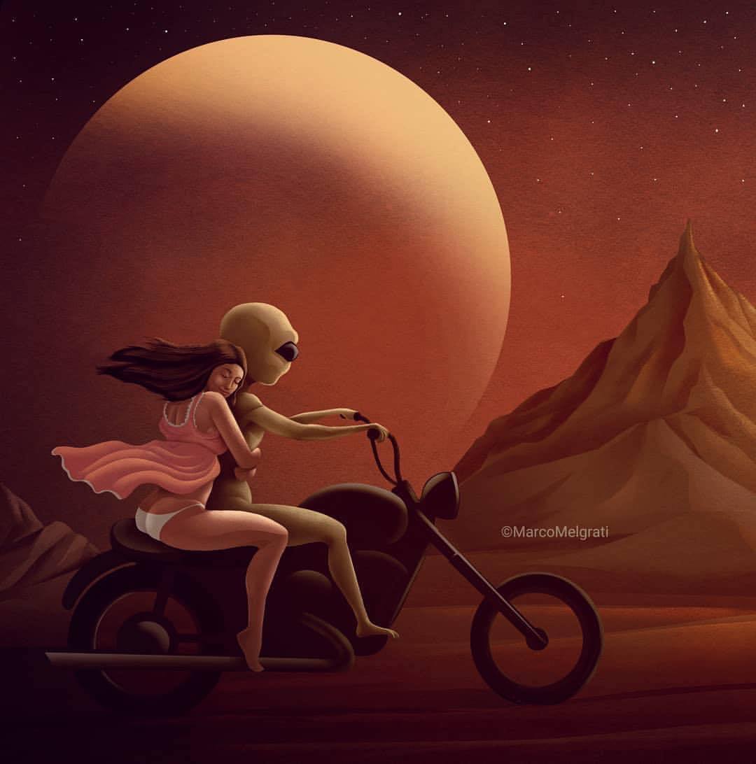 1080x1092, 64 Kb / инопланетянин, мотоцикл, чоппер, попа, гора, луна