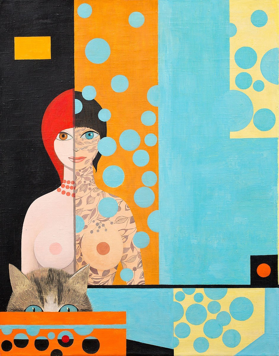 942x1200, 299 Kb / девка, кошка, рисунок