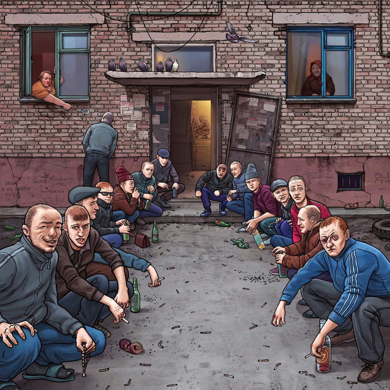 1280x1280, 404 Kb / корточки, четки, гопники, пиво, подъезд, голуби