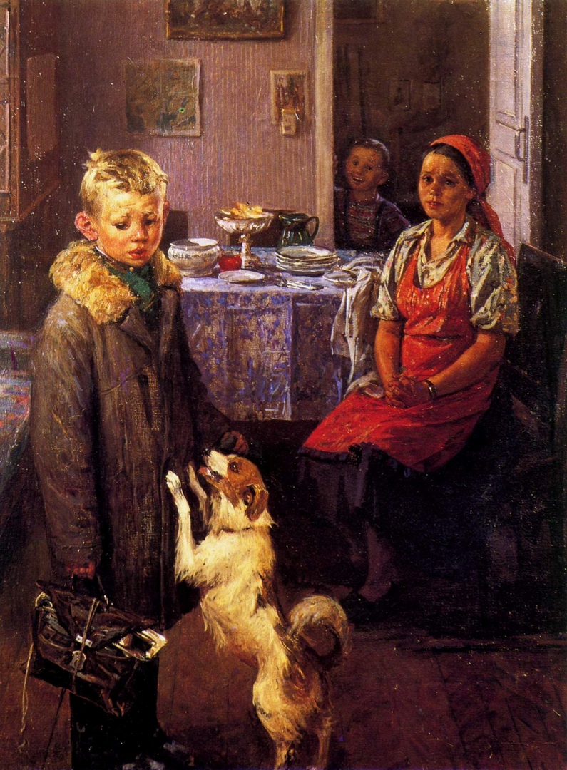 795x1080, 438 Kb / опять двойка, картина, рисунок, портфель, собака, стол, платок, фартук