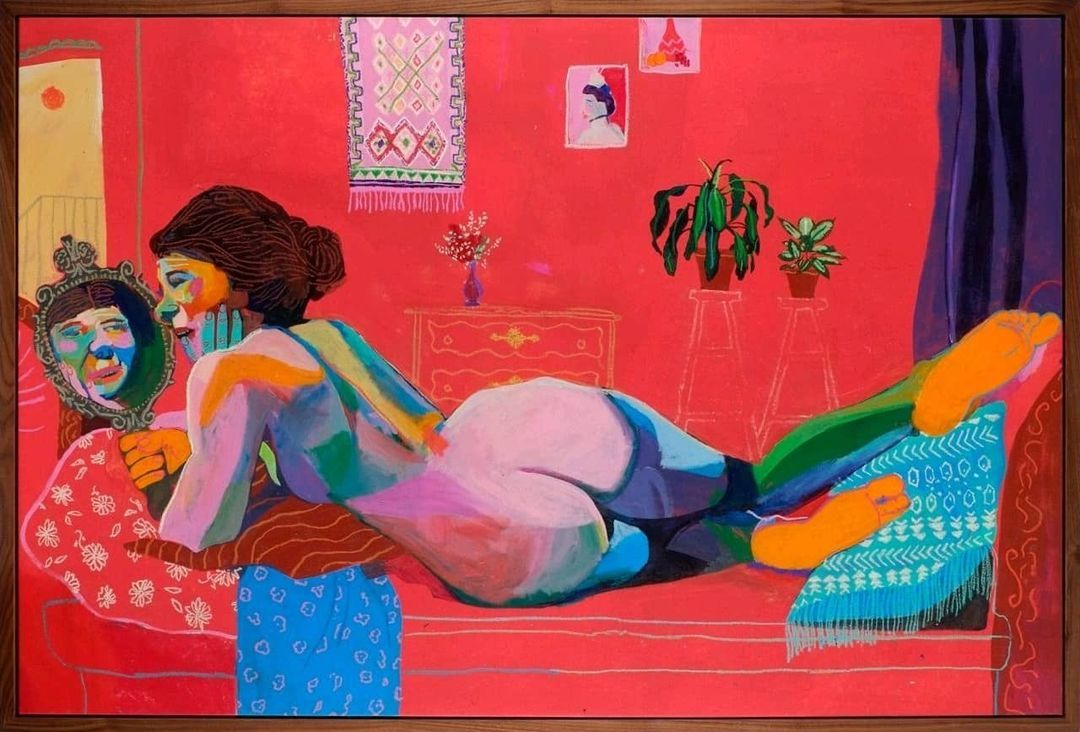 1080x732, 126 Kb / девка, зеркало, рисунок, цветастенько