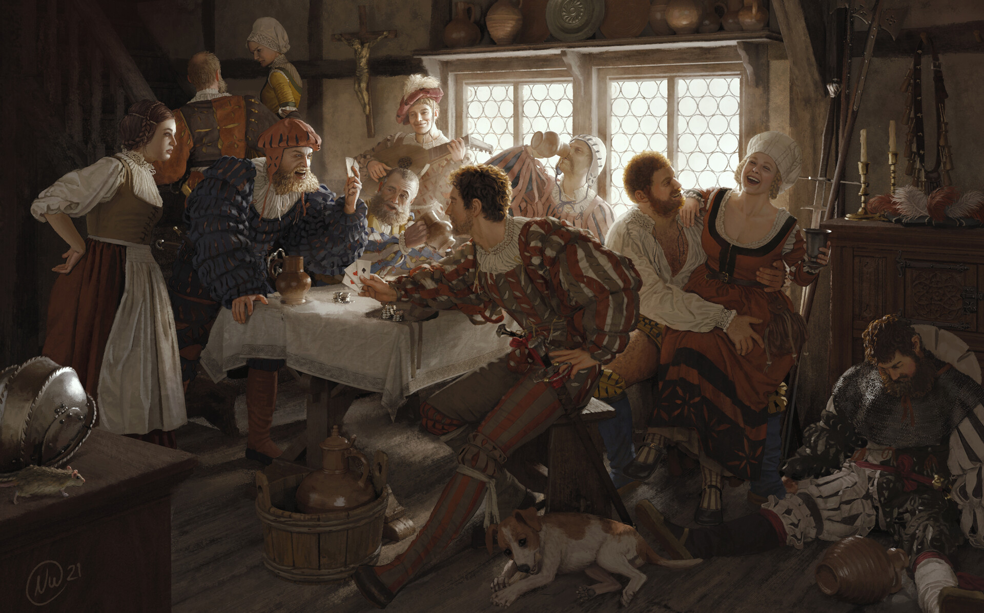 1920x1196, 516 Kb / таверна, пьянка, собака, карты, вино, кувшин, корзина, лестница, игра, шпана, копье, свеча, крыса, распятие