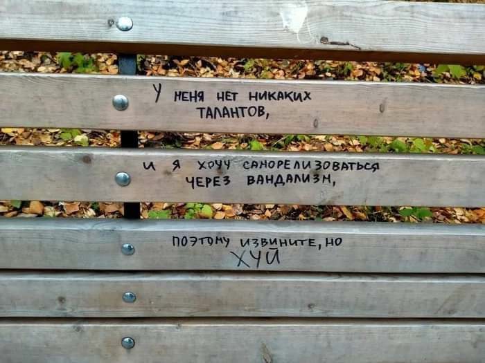 700x525, 109 Kb / Доска, вандалы, хуй, надпись, маркер, скамейка, талант, вандализм