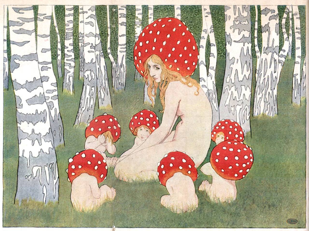 1280x960, 206 Kb / рисунок, женщина, дети, лес, деревья, мухоморы, грибница