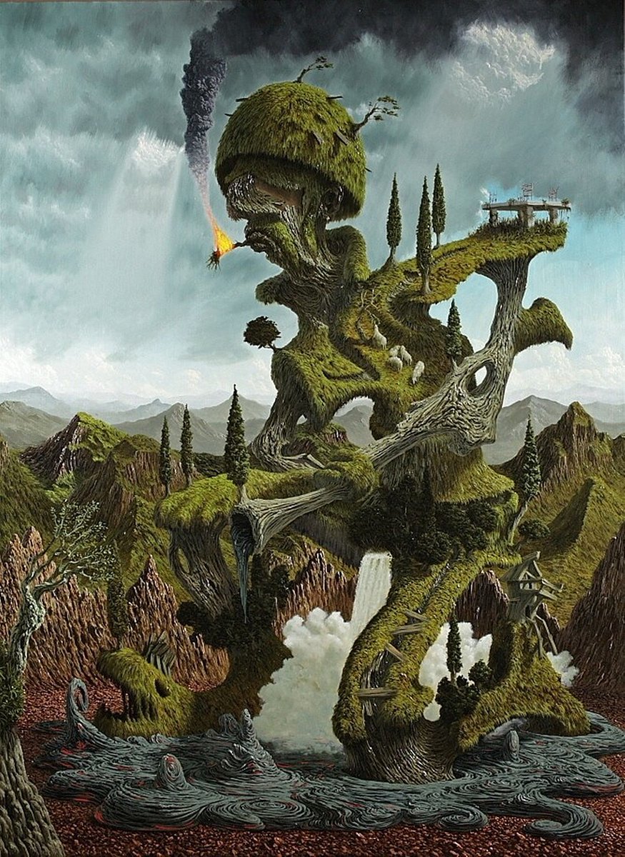 875x1200, 294 Kb / картина, сюрреализм, Фульвио Ди Пьяцца, солдат, ружье, трава, деревья, овцы, водопад, огонь