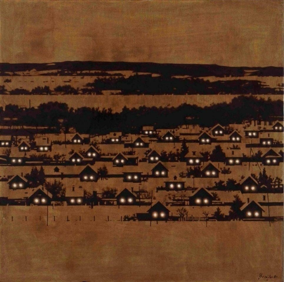 965x960, 150 Kb / Деревня, дома, окна, глаза, картина, рисунок