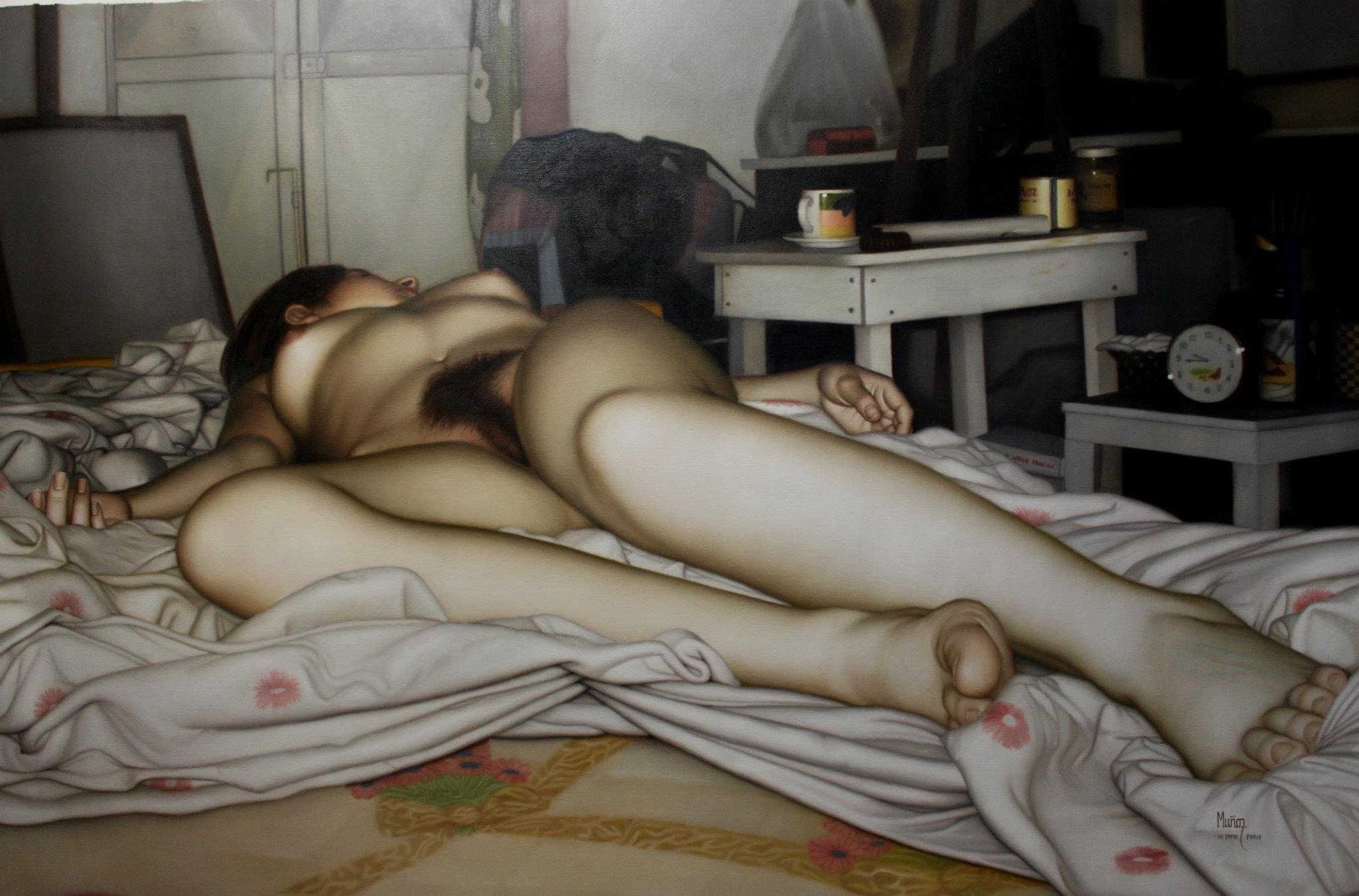 2048x1350, 257 Kb / женщина, постель, плед, кружка, часы, стол, табурет, сон, картина, масло, Harold Munoz