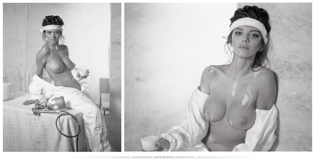 1100x573, 143 Kb / ч/б, повязка, стакан, молоко, топлесс, маляр, бандана, барулин, диптих