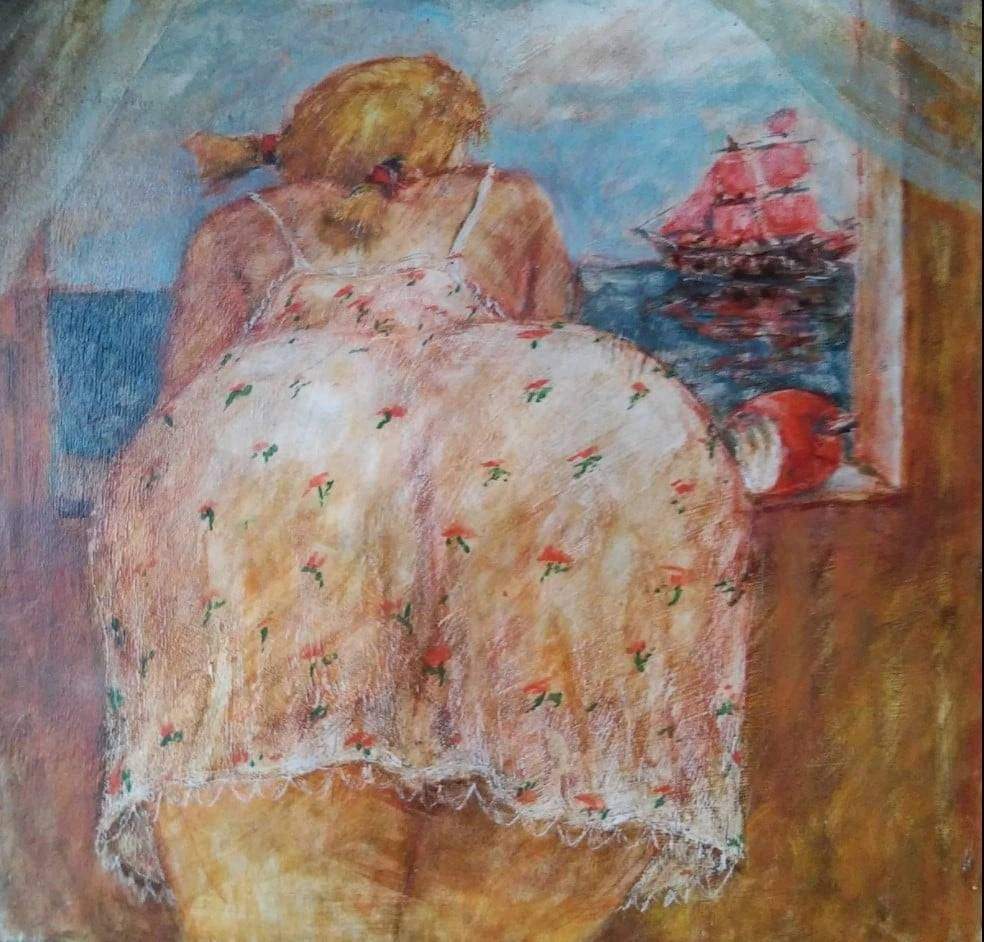 984x942, 113 Kb / Ассоль, алые паруса, окно, попа, рисунок, яблоко