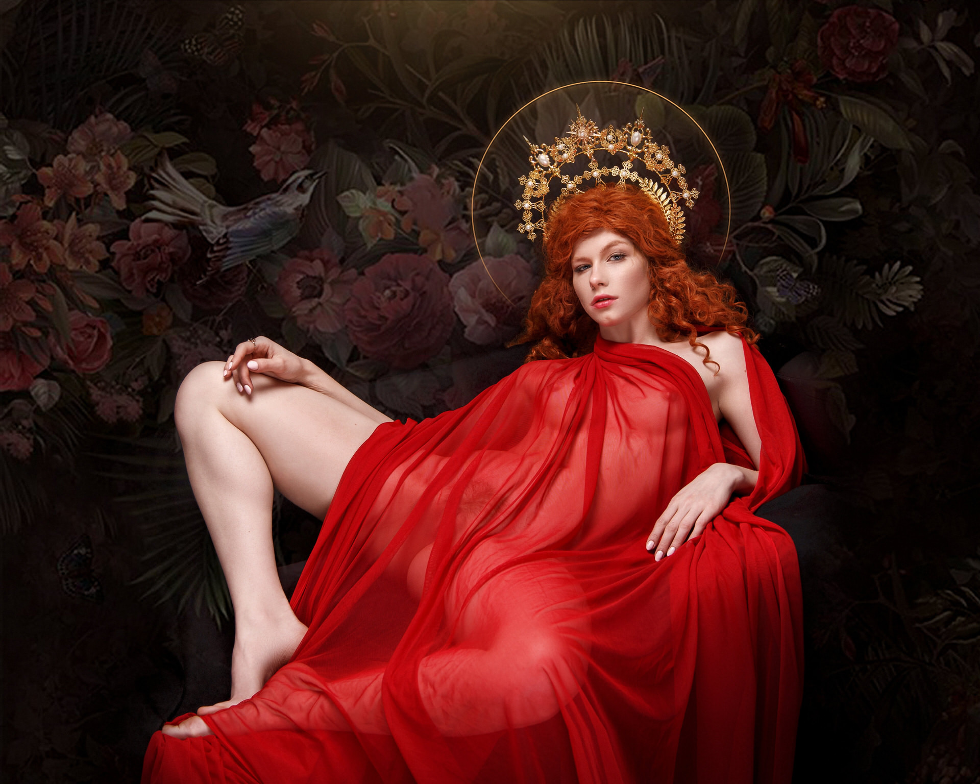 1920x1536, 505 Kb / сиськи, красное, диадема, рыжая, цветы, птичка, Анастасия Жилина