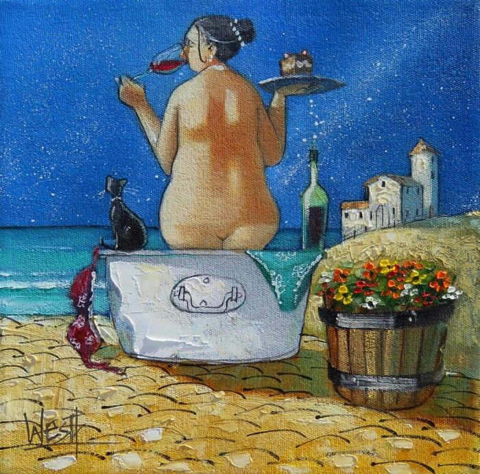 700x690, 142 Kb / картина, женщина, кошка, ночное небо, звезды, таз, белье, бутылка, вино, бокал, пирожное, цветы, кашпо, дом